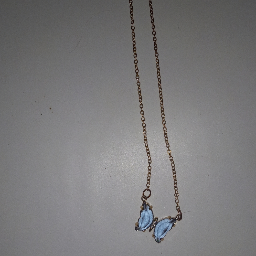 14k gold plated blue crystal butterfly necklace